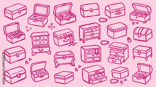Set of hand drawn jewelry boxes and storage chests on pink background