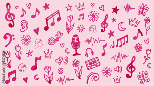 Hand drawn doodle set with musical notes flowers and hearts on pink background