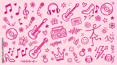 Pink Music Theme Doodle Set with Musical Instruments and Decorative Elements