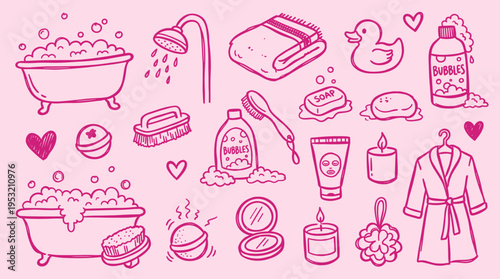 Doodle set of bathroom and spa elements on a soft pink background