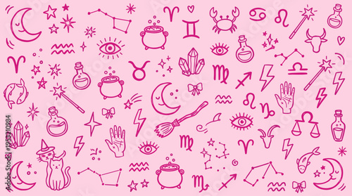 Astrology and Magic Hand Drawn Doodle Pattern on Pink Background