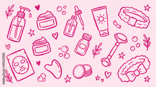 Skincare routine doodle set with cosmetic products and beauty tools on pink background