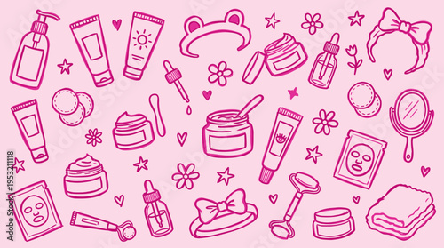 Hand drawn doodle skin care routine elements collection on pink background
