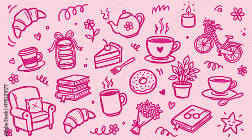 Cozy hygge lifestyle doodle set with coffee pastries books and flowers on pink background