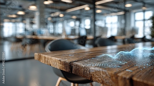 A wooden table with a unique texture sits in a modern office space