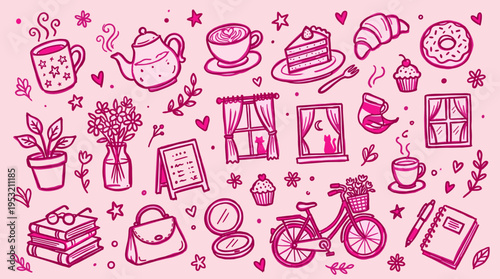 Pink doodle set with cozy lifestyle elements and cafe objects