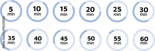 Timer, clock, stopwatch isolated vector icon. Timer icon set, timer from 10 to 60 minutes, vector illustration. 10, 20, 30, 40, 50, 60 min, timer clock.Time and clock icons. Set of black clock, 