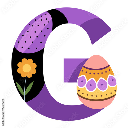 Easter letter G vector illustration with decorated egg and floral design on white background