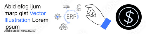 Business management, ERP systems, logistics, finance, enterprise solutions, digital transformation. Visuals include a hand gesture, ERP icon supply chain symbols and dollar sign. ERP systems