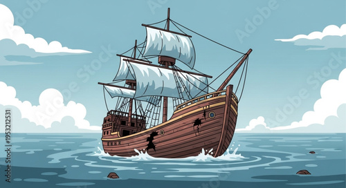 Cartoon Galleon Sailing on the Open Sea with White Sails.