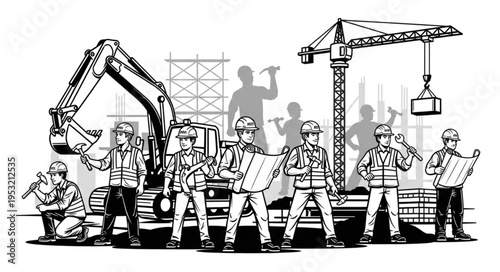 Construction Workers and Heavy Machinery at a Building Site.