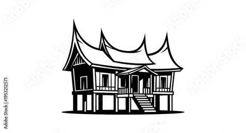 Detailed Black and White Illustration of a Traditional House.