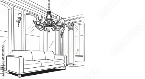 Elegant Living Room Interior Sketch with Chandelier and Sofa.