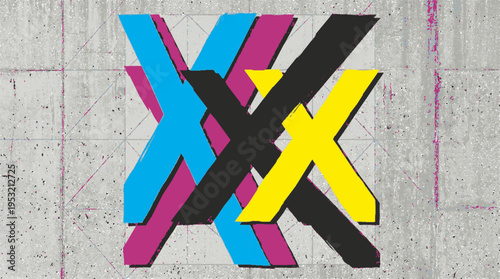 Brutalist color field composition with massive overlapping x shapes in blue yellow black and pink on concrete background