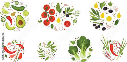 Healthy Food Ingredient Compositions Set with Avocado, Tomato, Olive Oil, Herbs, Spices, and Fresh Organic Cooking Elements in Flat Vector Style