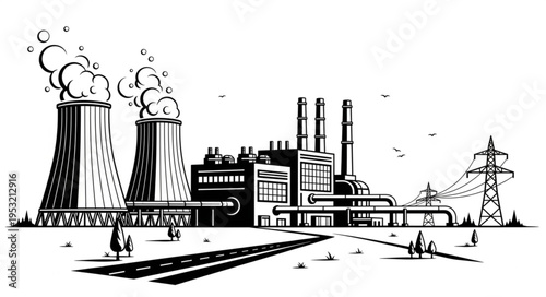 Detailed Illustration of a Coal Power Plant with Cooling Towers.