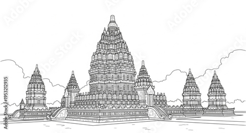 Detailed Line Art Depiction of a Traditional Temple Complex.