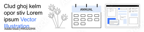 Time management, event scheduling, lifestyle organization, content design, calendar planning, minimalism. Annual calendar, blueprint interface and plant icons. Time management and event scheduling