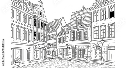 Detailed architectural sketch of a European street with historic buildings.