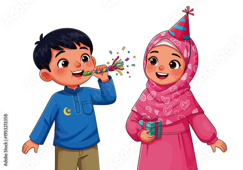 happy children celebrating eid or islamic holiday with party popper