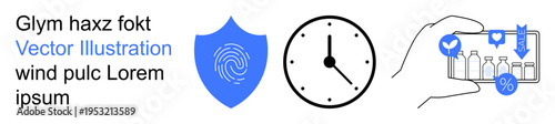 Cybersecurity, online shopping, time management, digital protection, mobile commerce, data security. Visual includes a fingerprint shield, clock and smartphone with shopping icons. Cybersecurity