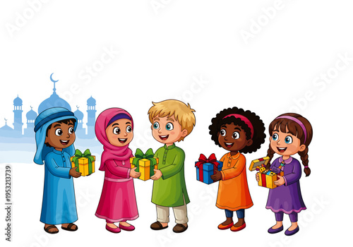 Diverse children in traditional clothes holding gifts in front of a mosque silhouette