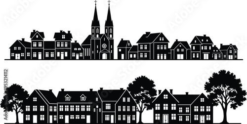 Black and white vector silhouette of European old town street with historic buildings, church towers, houses and trees for cityscape design. (20 words)
