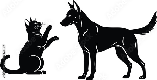 cat and dog silhouette interaction, domestic pets playing concept, animal friendship behavior, isolated black illustration, pet relationship,