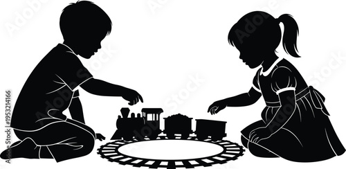 children playing with toy train silhouette, kids learning activity, childhood imagination, educational playtime concept, sibling bonding, isolated black illustration