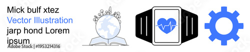Healthcare, education, technology, fitness tracking, innovation, learning. A smartwatch with a heart symbol, book with globe and gear icon. Healthcare and education visually