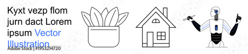 Technology innovation, smart homes, robotics, nature inclusion, lifestyle design, sustainability. Minimalist plant pot, house outline robot pointing. Technology innovation and smart homes concept