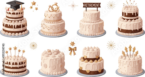 Elegant Wedding and Celebration Cakes Set with Cream Layers, Chocolate Drip, Decorative Toppers, and Birthday Dessert Designs in Soft Neutral Vector Style