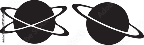 Abstract solid black fill vector silhouette design featuring two stylized planets with distinctive rings, ideal for astronomy-themed graphics and iconic representations