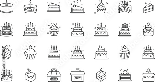 Minimal Line Cake and Dessert Icon Set with Birthday Candles, Cupcakes, Pastries, and Bakery Symbols for Web, App, and UI Design