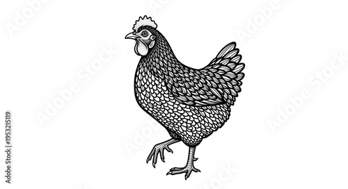 Detailed Black and White Illustration of a Walking Chicken.
