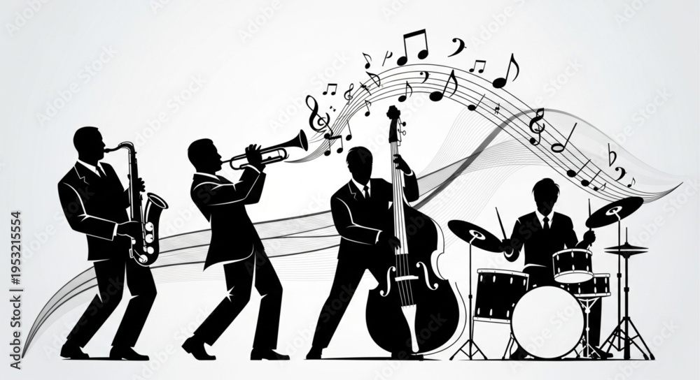Fototapeta premium Silhouetted Jazz Band Performing with Musical Notes and Instruments.