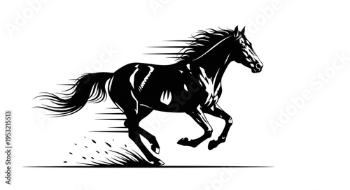 Dynamic Black Horse Galloping with Speed and Power in Monochrome Illustration.