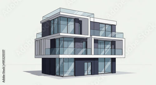 Modern Three-Story House with Glass Walls and White Frames.