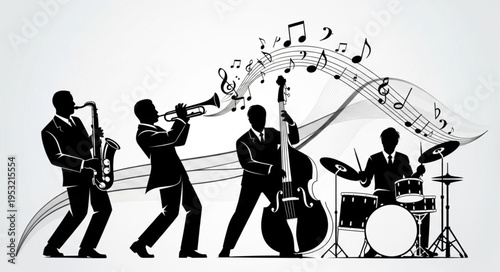Silhouetted Jazz Band Performing with Musical Notes and Instruments.