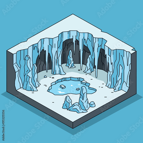 Isometric illustration of an icy cave with stalactites, a frozen pool, and ice formations.