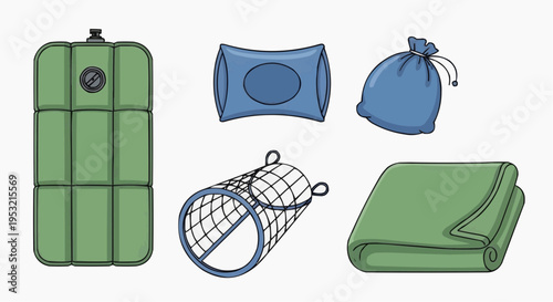 Illustration of essential camping gears, including a sleeping pad, pillow, storage bag, mesh bag, and a blanket