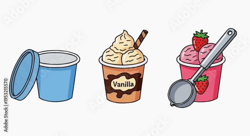 Variety of delicious ice cream in cups including vanilla and strawberry flavors