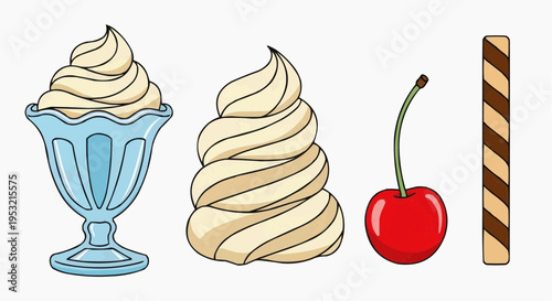 A selection of delicious desserts: ice cream, cherry, and wafer stick. Sweet treats for a delightful experience.