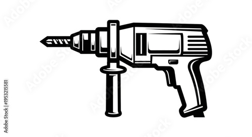 Detailed Black and White Illustration of a Corded Electric Drill.