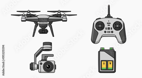 An illustration showing the components of a drone, including a remote, camera and battery. It's a modern technological creation
