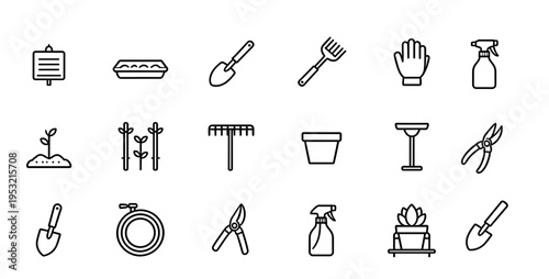Gardening Tools and Agricultural Equipment Vector Icon Set for Landscaping Horticulture and Home Plant Care Projects