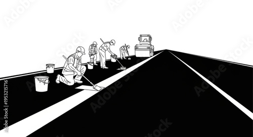 Road Workers Painting Lines on Highway with Truck.