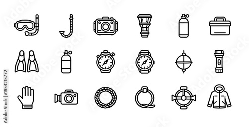 Underwater Diving and Scuba Snorkeling Adventure Equipment Icons With Masks Fins Oxygen Tanks Compasses And Marine Exploration Gear Collection