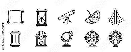 Antique Measurement and Navigation Instruments Icon Set featuring Hourglass Telescope Sundial Pendulum Clock and Astrolabe for Historical Design