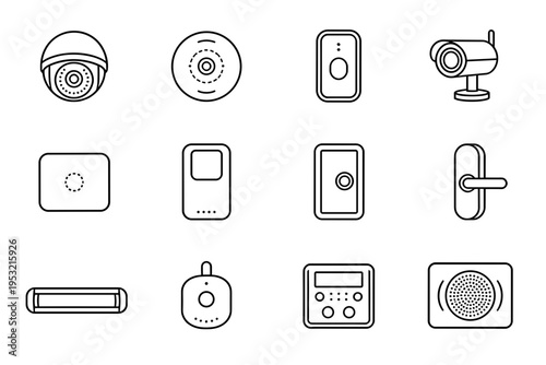 Home Security System and Smart Surveillance Device Icons featuring CCTV Camera Doorbell Smart Lock and Sensor for Property Safety Protection